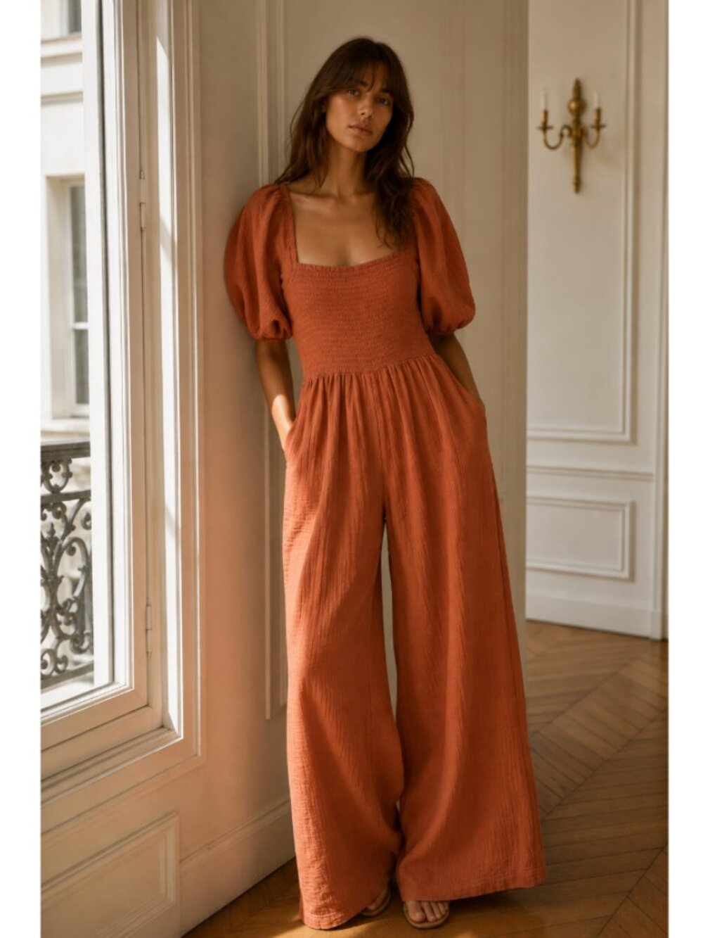 BILLABONG Gauzy Palazzo Pants Smocked Summer Jumpsuit Orange XS Beachy